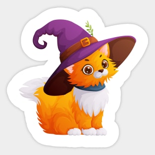 Cute and fluffy cat in a purple witch hat Sticker